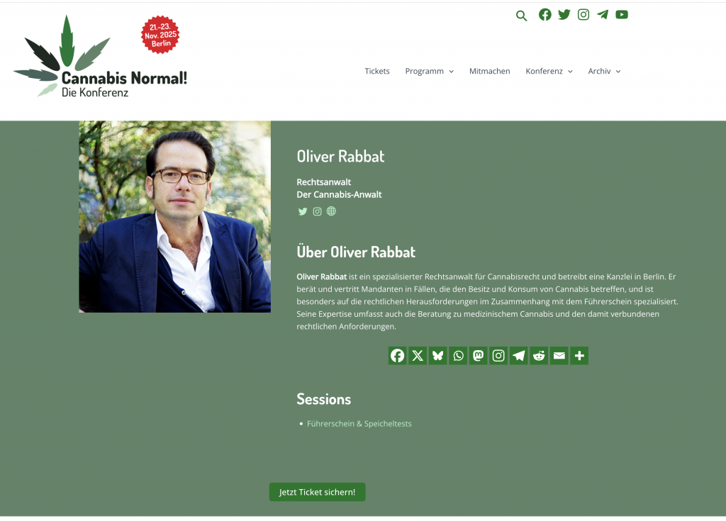 Wir sehen eine Programmübersicht der Cannabis Normal Konferenz auf der sich Oliver Rabbat der Cannabis Anwalt befindet