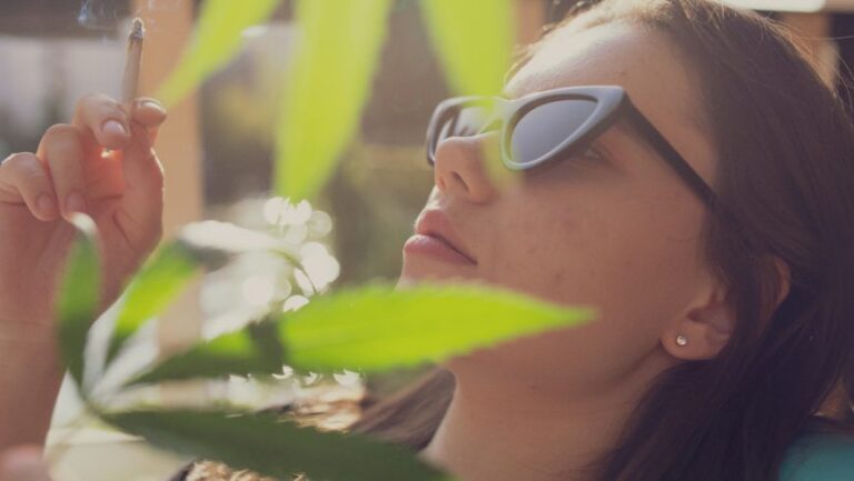 Frau mit Sonnenbrille hält eine Cannabiszigarette hinter Cannabisblättern.Cannabiszigarette hinter Cannabisblättern.
