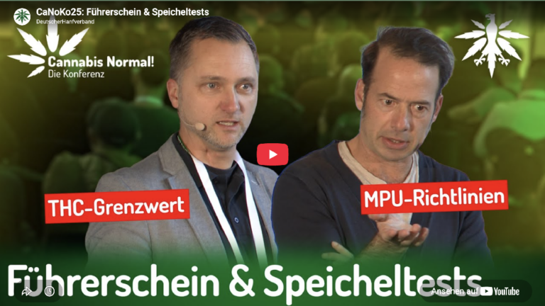 YouTube-Vorschaubild mit Cannabis-Anwalt Oliver Rabbat und Daniel Budde zur CaNoKo-Session „Führerschein & Speicheltests“ über THC-Grenzwert und MPU-Richtlinien.