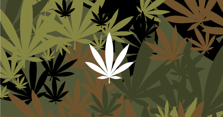 Illustration aus Cannabisblättern in Tarnfarben zum Thema Cannabis und Bundeswehr