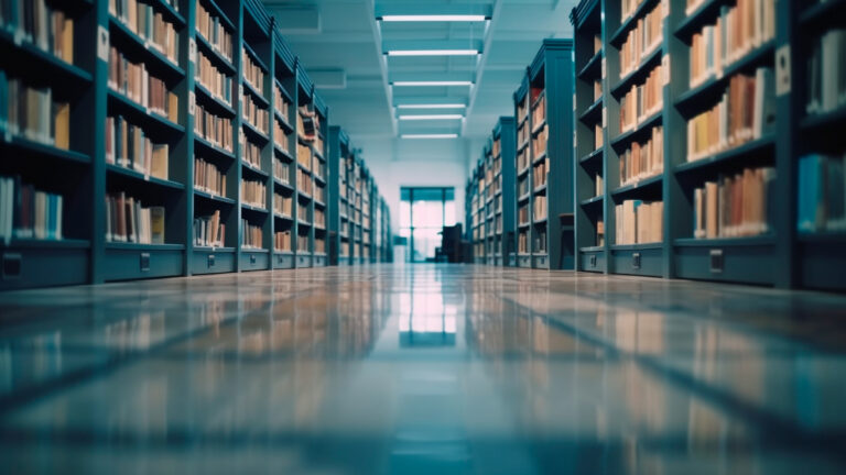Blick durch einen leeren Bibliotheksgang mit hohen Bücherregalen.
